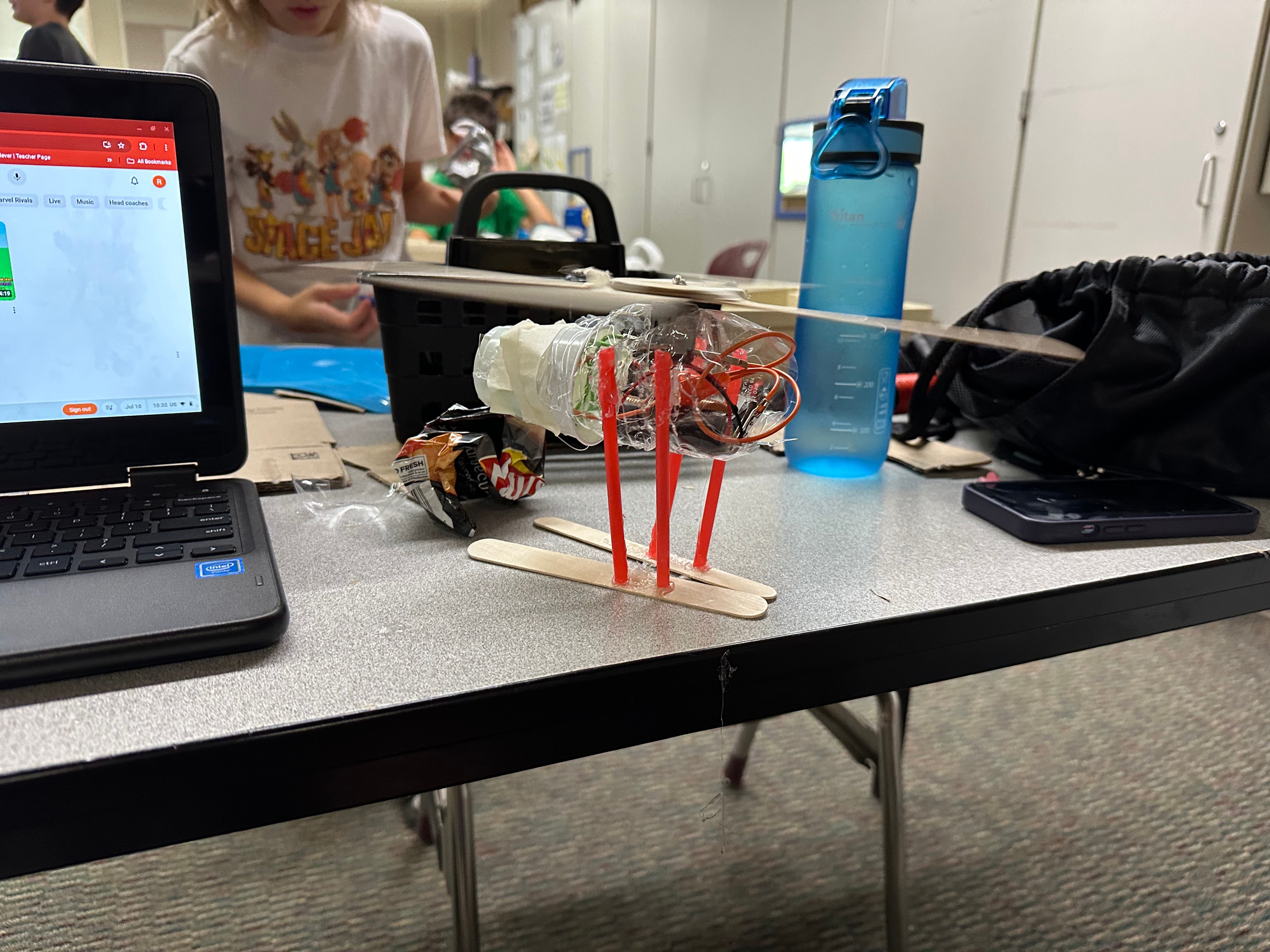 Student-built engineering prototype displayed in a STEM classroom